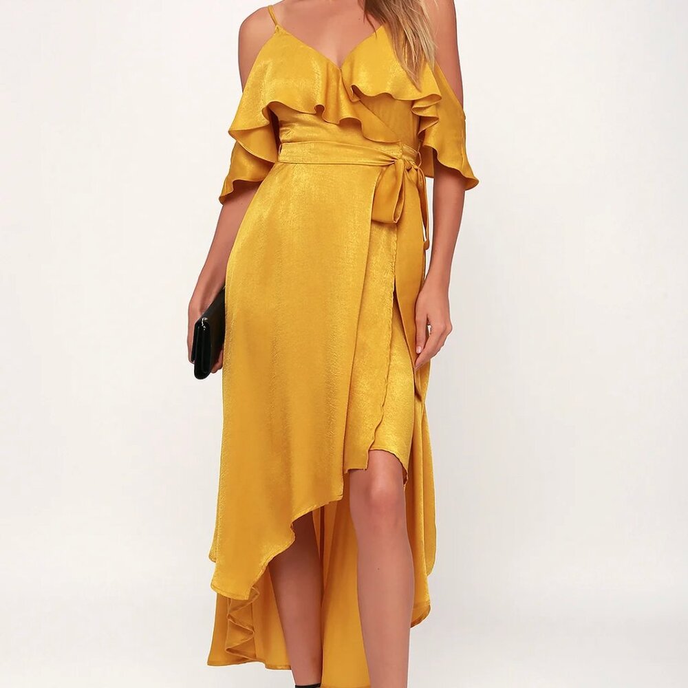 LuLus Layla Mustard Yellow Satin Off-the-Shoulder Wrap Dress